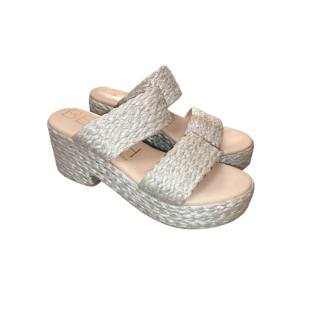 BEACH Matisse Ocean Avenue Silver Pearl Raffia Platform Block Heels Sandals 9M